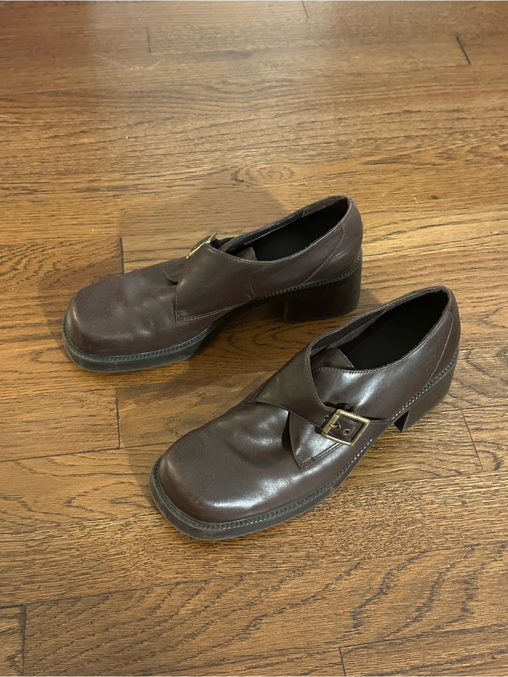 Brown Leather Buckle Square Toe Brogue Heels